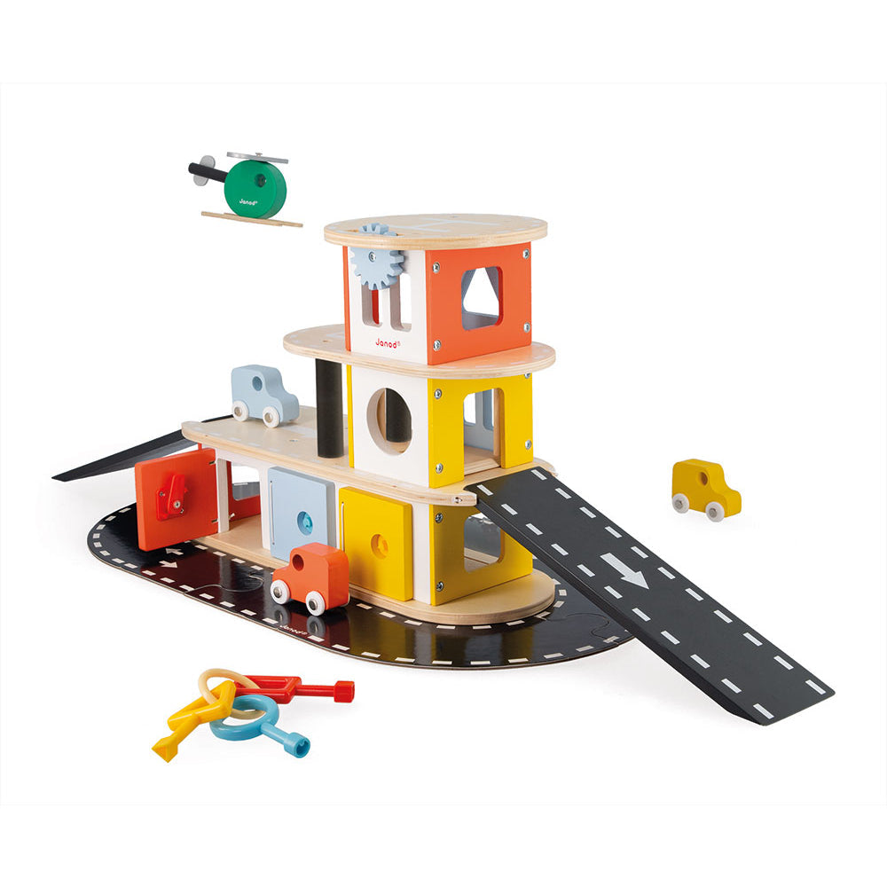 Janod - Drewniany garaż piętrowy z 4 akcesoriami Bolid 2+