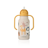 Liewood - Butelka / bidon stalowy ze słomką z dwoma uchwytami Kimmie 250 ml, Around the world / Sandy