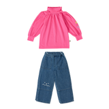 Zestaw Goldie + Ace - Dziewczęca bluzka z haftem i bufiastymi rękawami + Spodnie jeansowe z nadrukiem Cesar, Medium blue denim