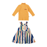 Zestaw Goldie + Ace - Dziewczęca bluzka prążkowana z haftem i golfem + Sukienka ogrodniczka Heidi – paski retro